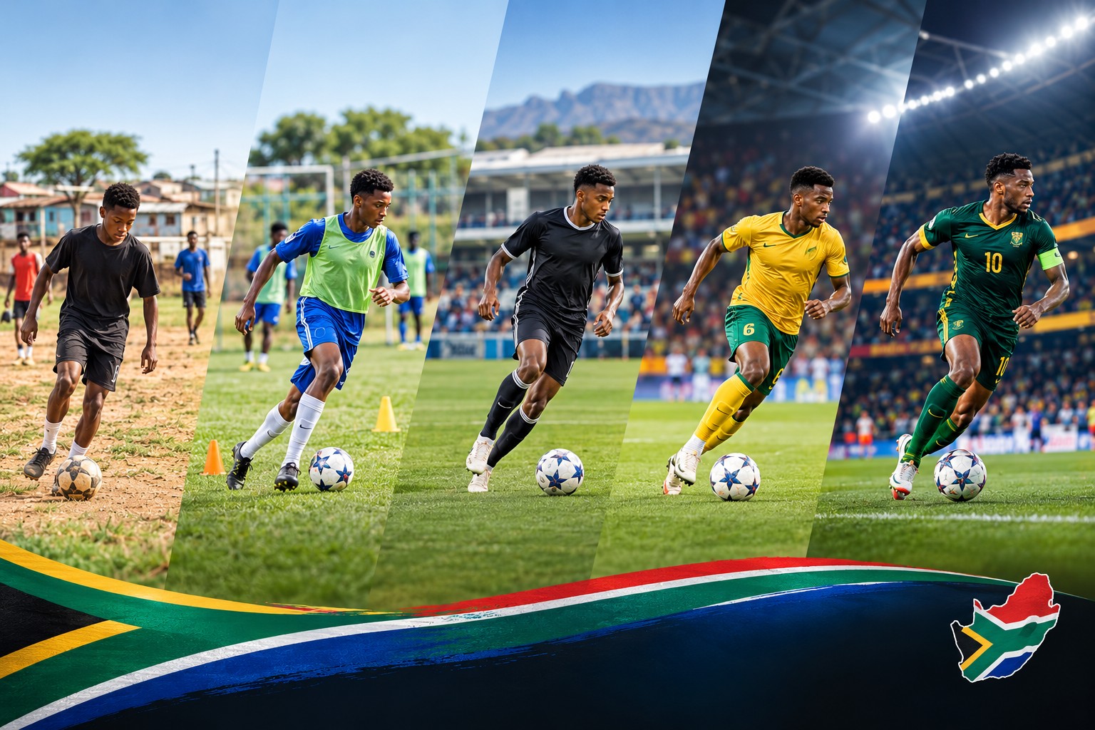 South African footballer training under floodlights at dusk
