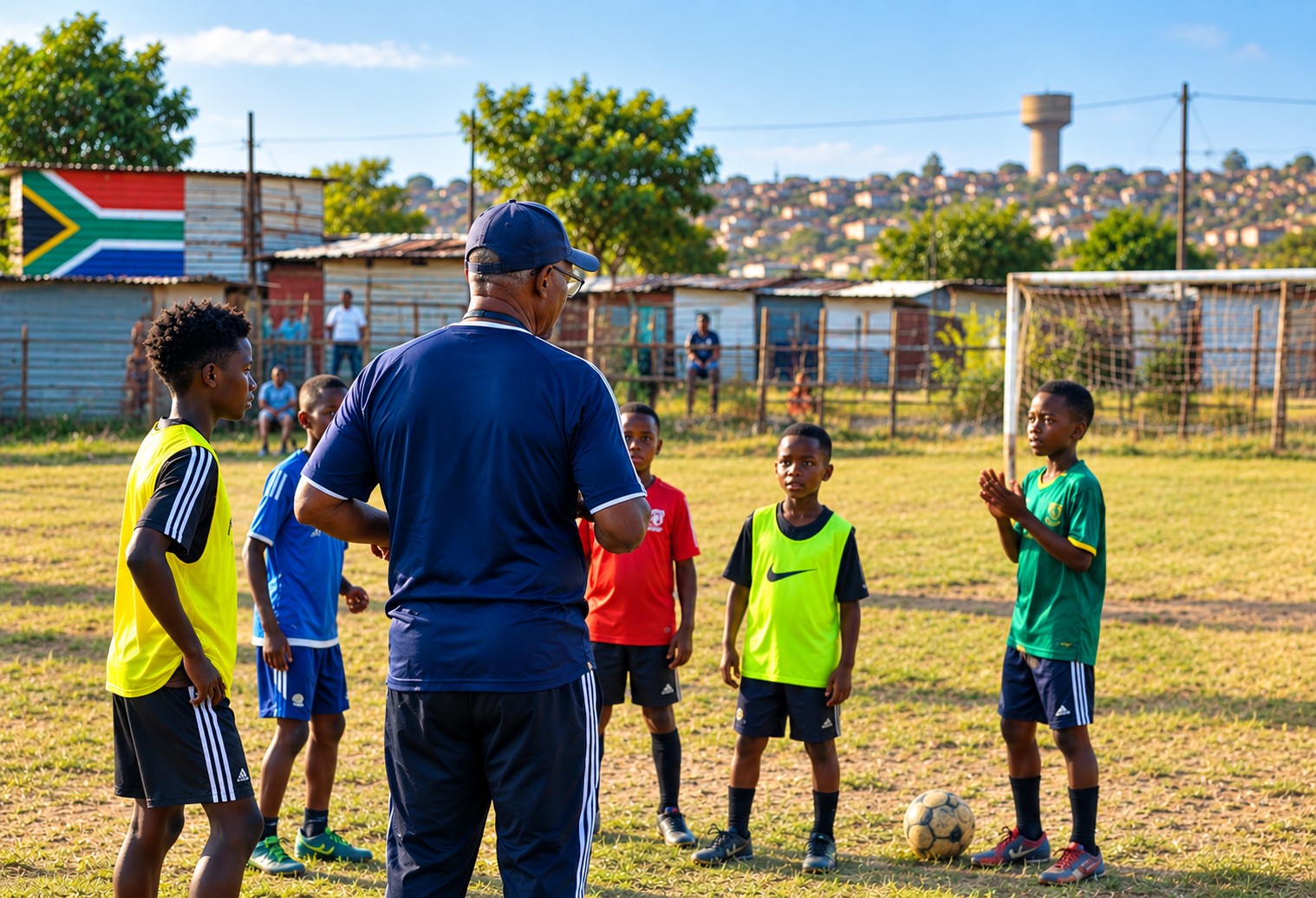 Community coach running a youth football session at golden hour