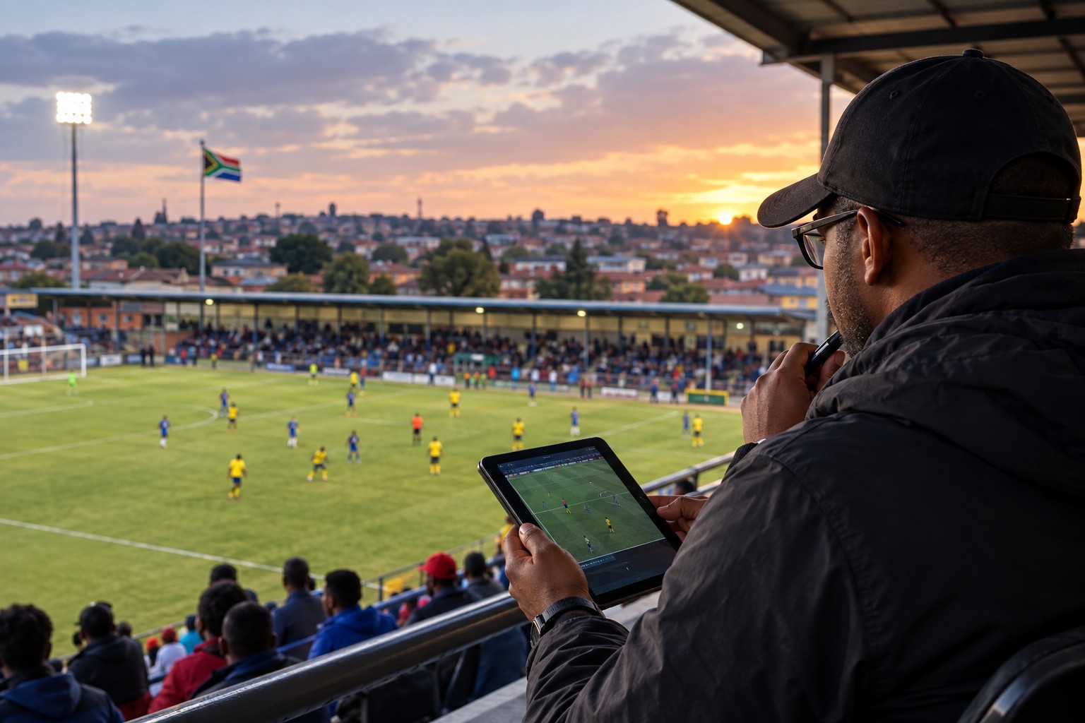 Scout analysing a match from the stands with a tablet